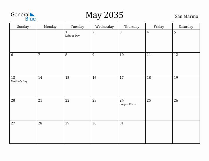 May 2035 Calendar San Marino