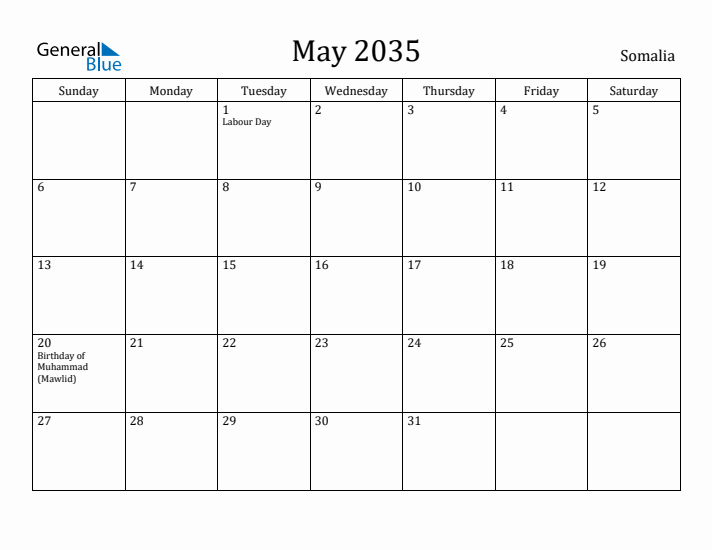May 2035 Calendar Somalia