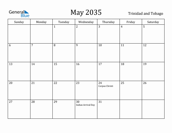 May 2035 Calendar Trinidad and Tobago