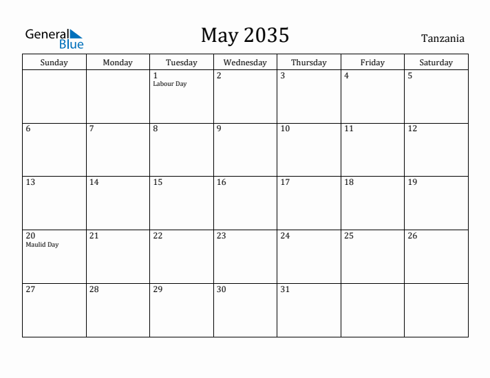 May 2035 Calendar Tanzania