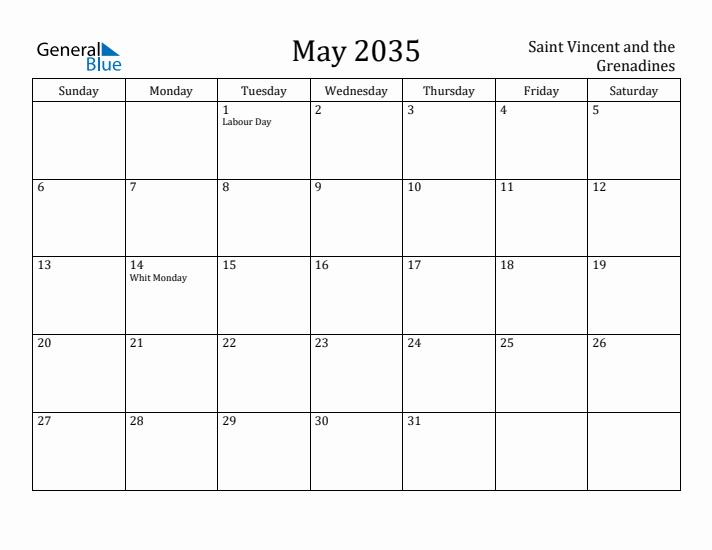 May 2035 Calendar Saint Vincent and the Grenadines