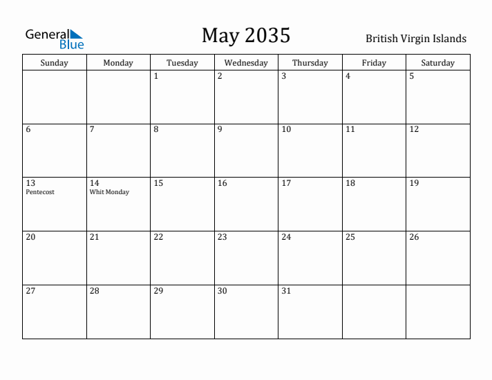 May 2035 Calendar British Virgin Islands