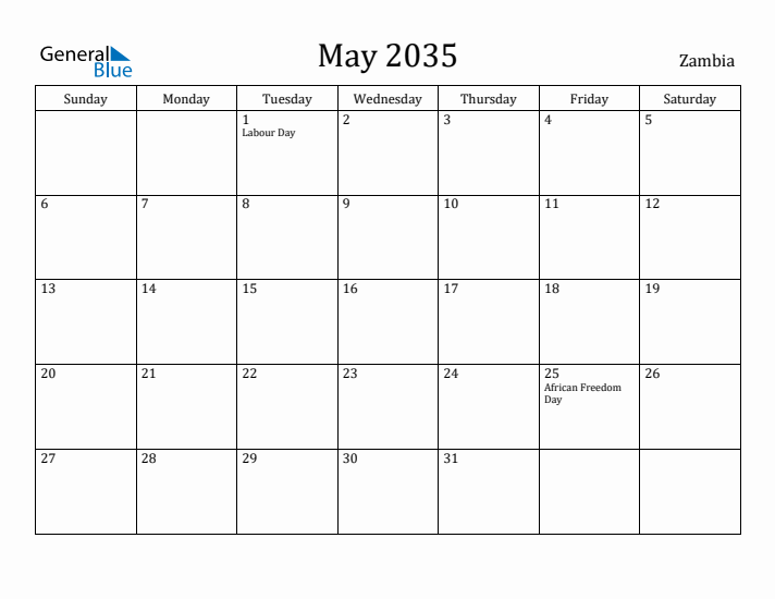 May 2035 Calendar Zambia