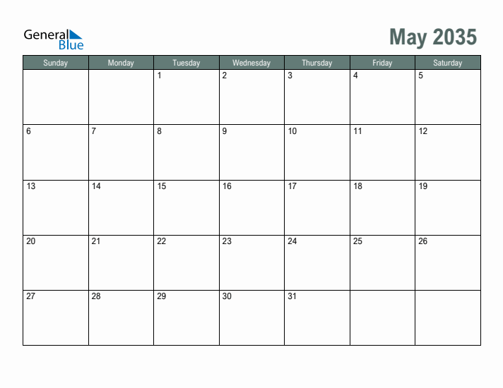 Free Printable May 2035 Calendar