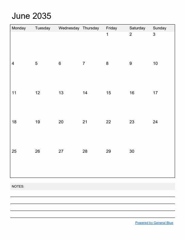 Basic Monthly Calendar Template for June 2035