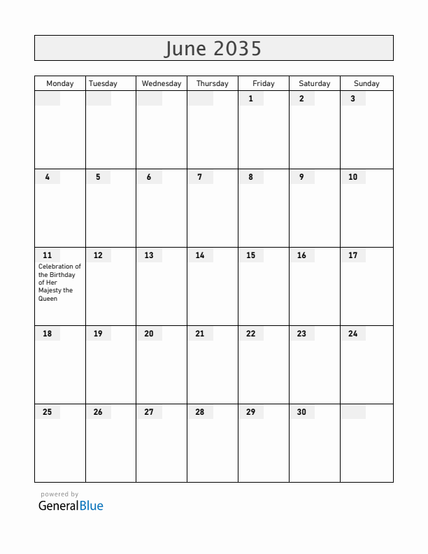 Anguilla June 2035 Calendar with Holidays