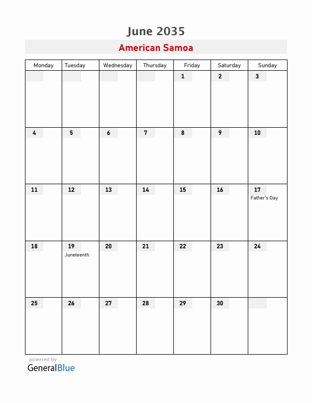 American Samoa June 2035 Calendar with Holidays