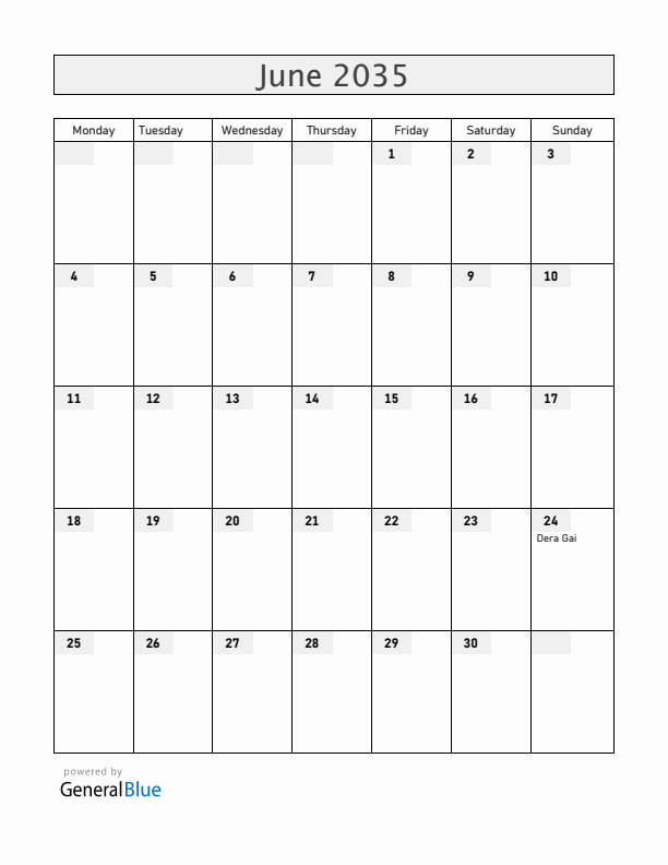 Aruba June 2035 Calendar with Holidays