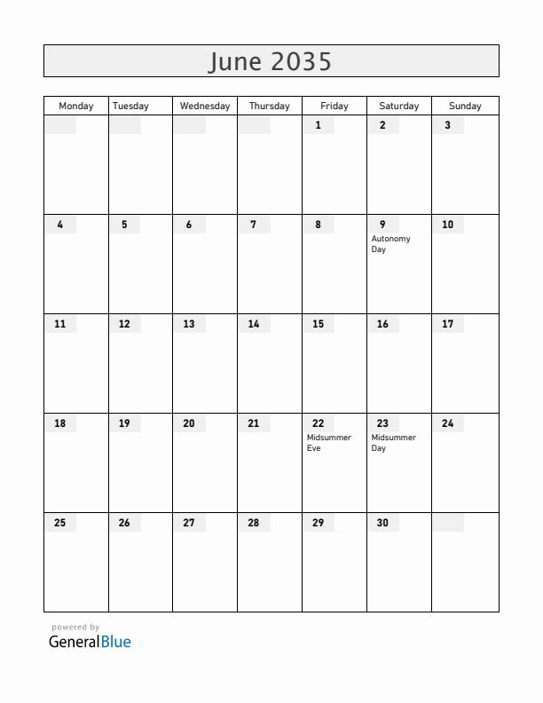 Aland Islands June 2035 Calendar with Holidays