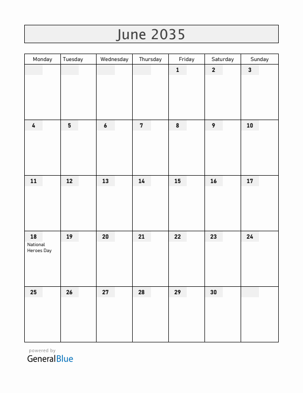 Bermuda June 2035 Calendar with Holidays