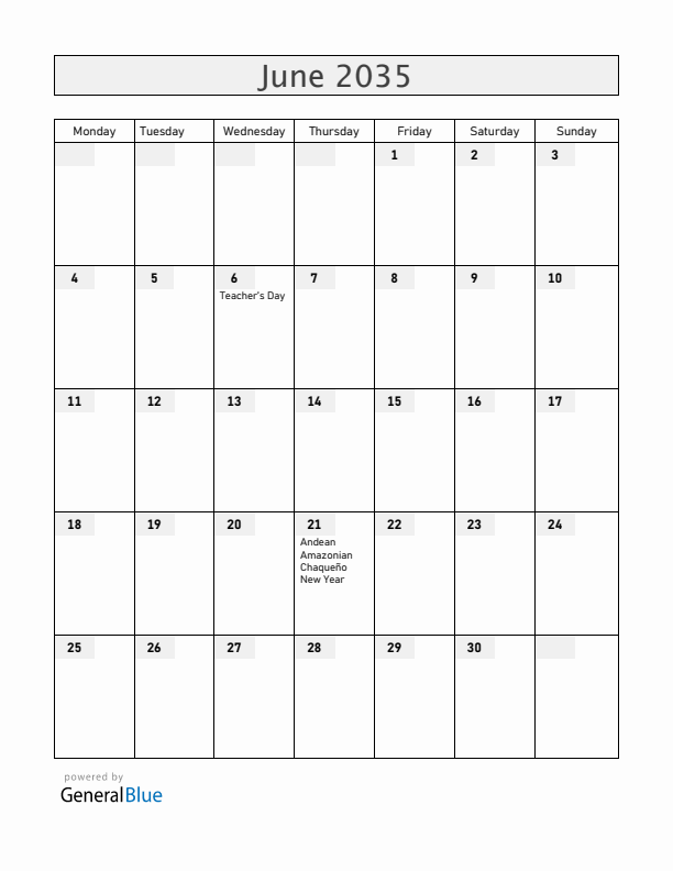 Bolivia June 2035 Calendar with Holidays