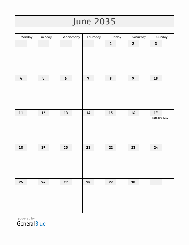 Canada June 2035 Calendar with Holidays