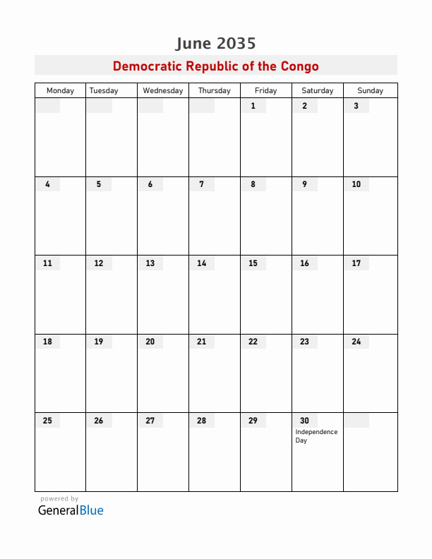 Democratic Republic of the Congo June 2035 Calendar with Holidays