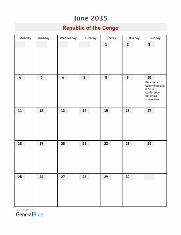 Republic of the Congo June 2035 Calendar with Holidays
