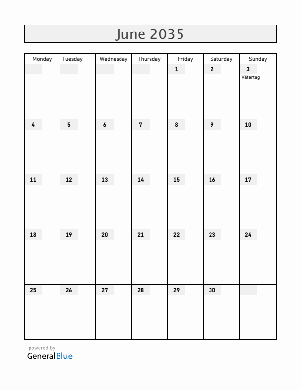 Switzerland June 2035 Calendar with Holidays