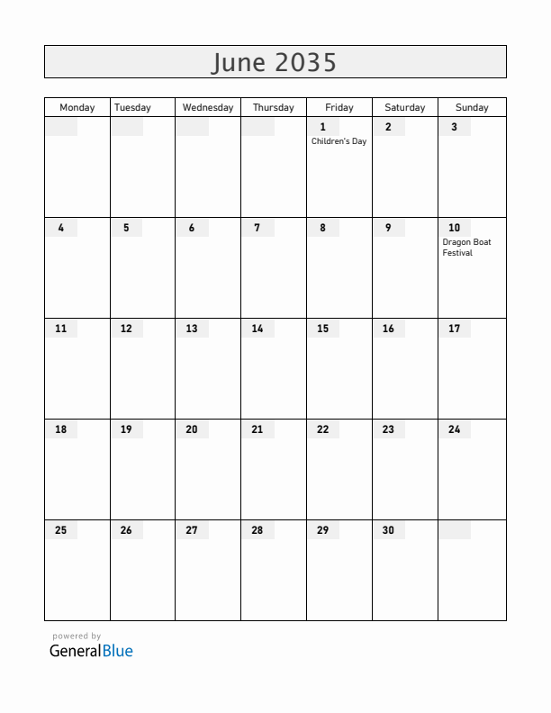 China June 2035 Calendar with Holidays