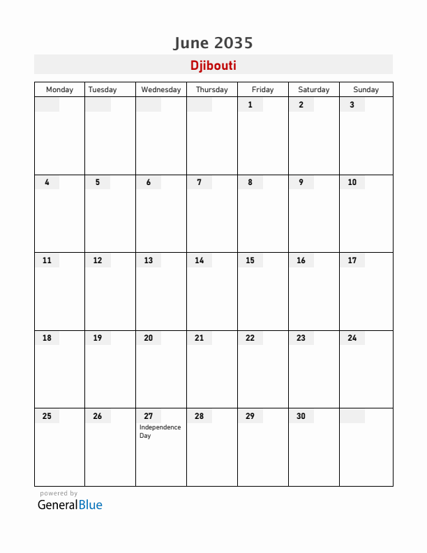 Djibouti June 2035 Calendar with Holidays