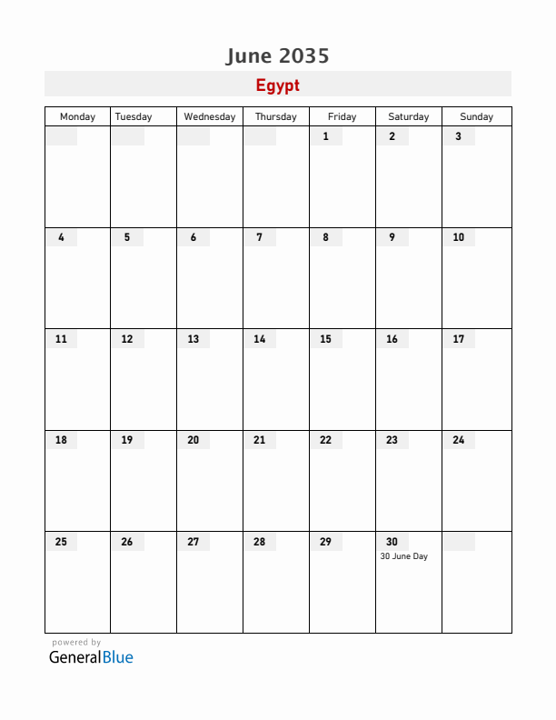 Egypt June 2035 Calendar with Holidays