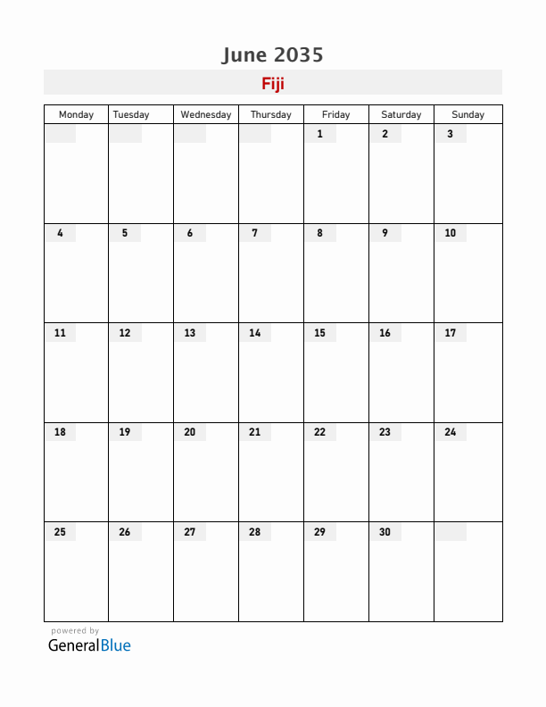 Fiji June 2035 Calendar with Holidays