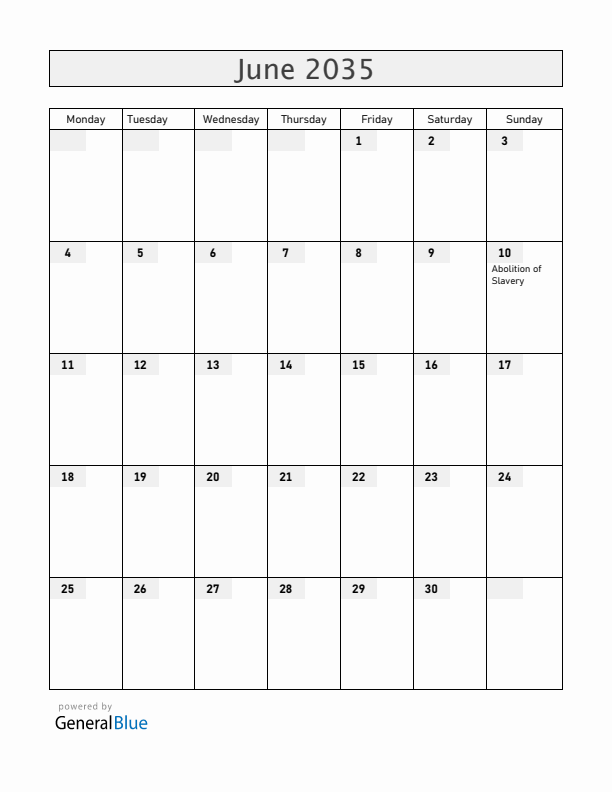 French Guiana June 2035 Calendar with Holidays
