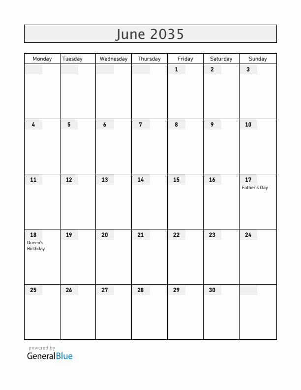 Gibraltar June 2035 Calendar with Holidays