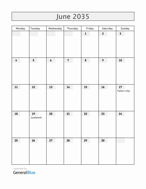 Guam June 2035 Calendar with Holidays
