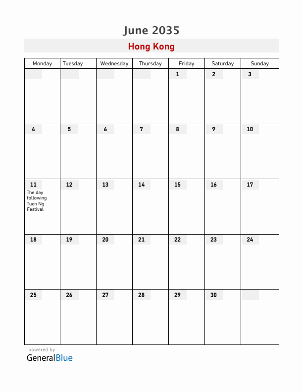 Hong Kong June 2035 Calendar with Holidays