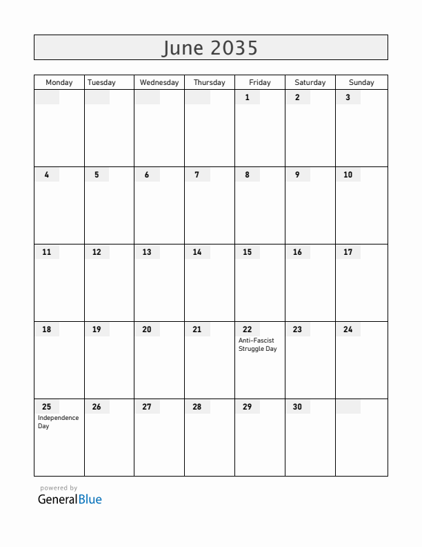Croatia June 2035 Calendar with Holidays