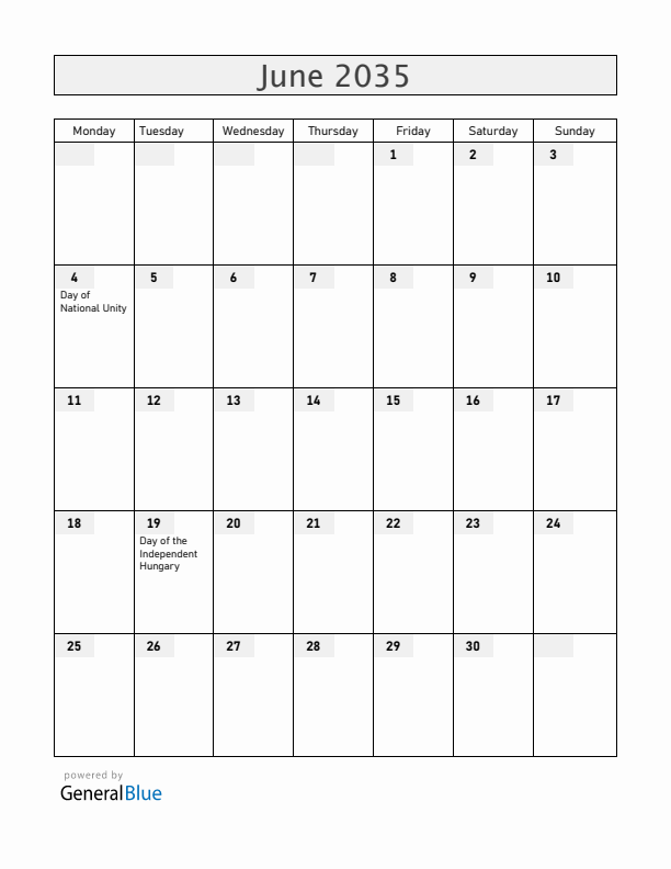 Hungary June 2035 Calendar with Holidays