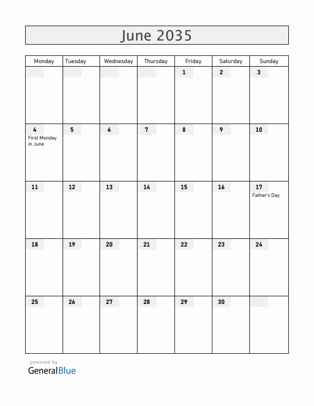 Ireland June 2035 Calendar with Holidays