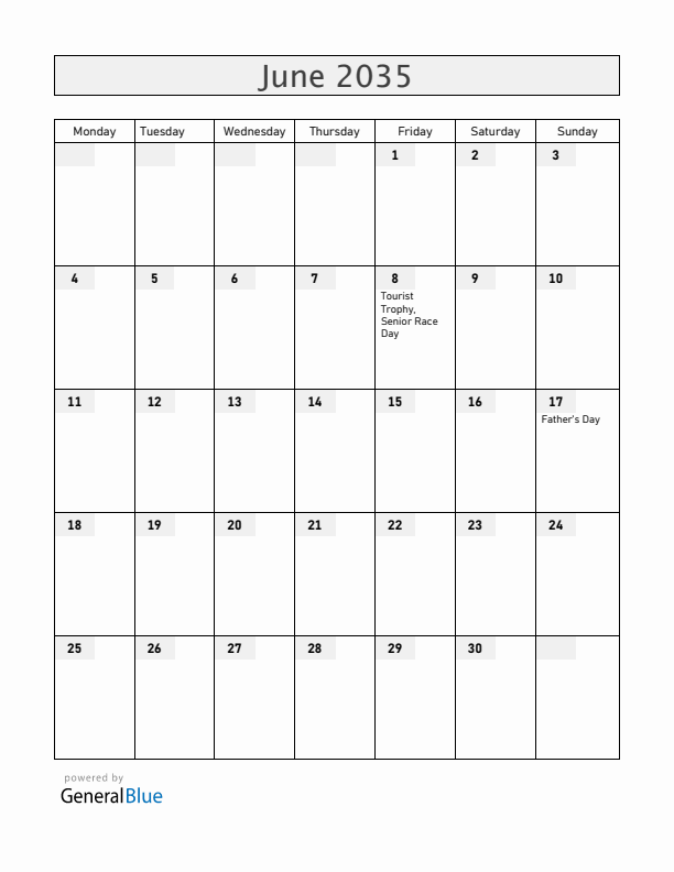Isle of Man June 2035 Calendar with Holidays