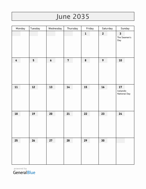 Iceland June 2035 Calendar with Holidays
