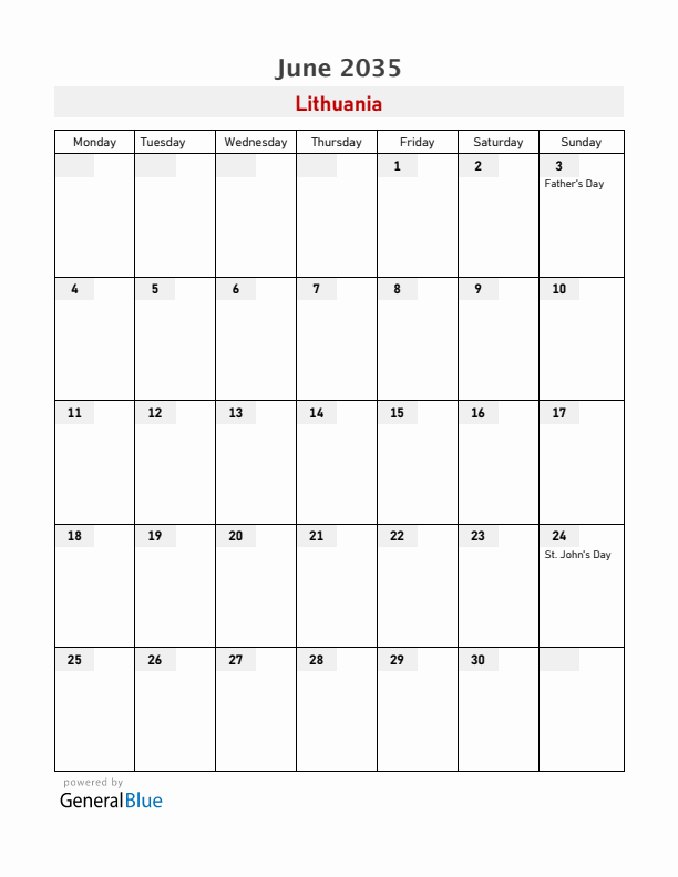 Lithuania June 2035 Calendar with Holidays
