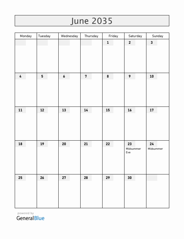 Latvia June 2035 Calendar with Holidays