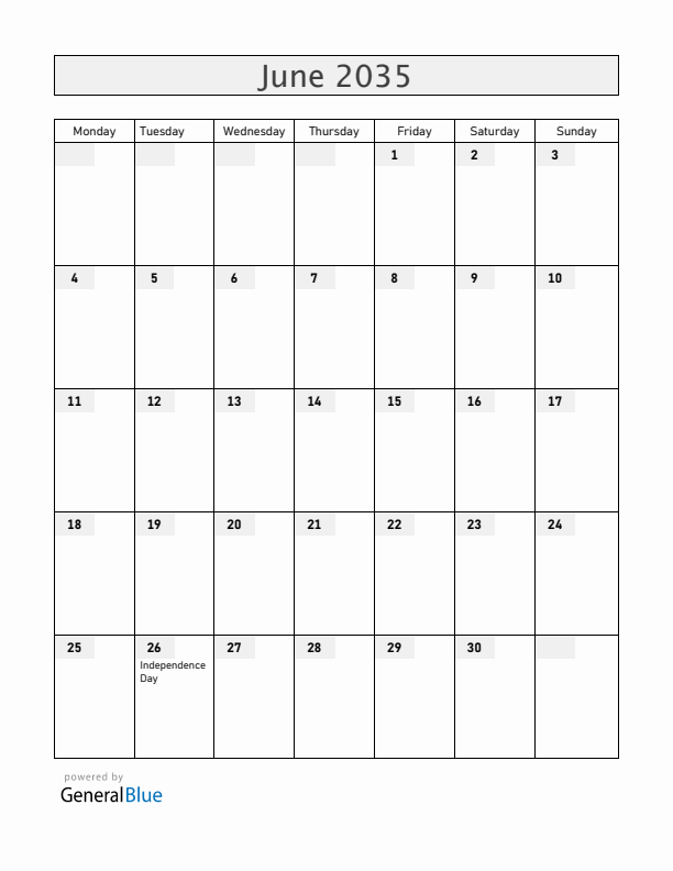 Madagascar June 2035 Calendar with Holidays