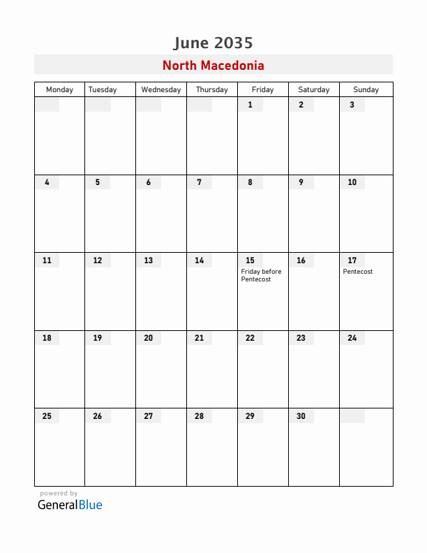 North Macedonia June 2035 Calendar with Holidays