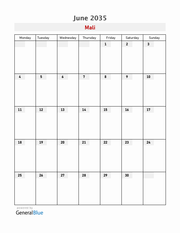 Mali June 2035 Calendar with Holidays