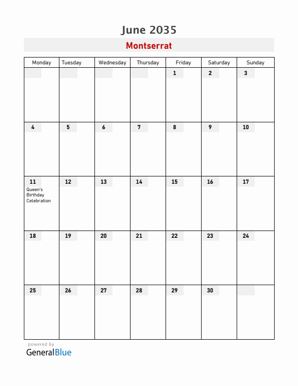 Montserrat June 2035 Calendar with Holidays