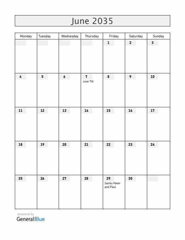 Malta June 2035 Calendar with Holidays