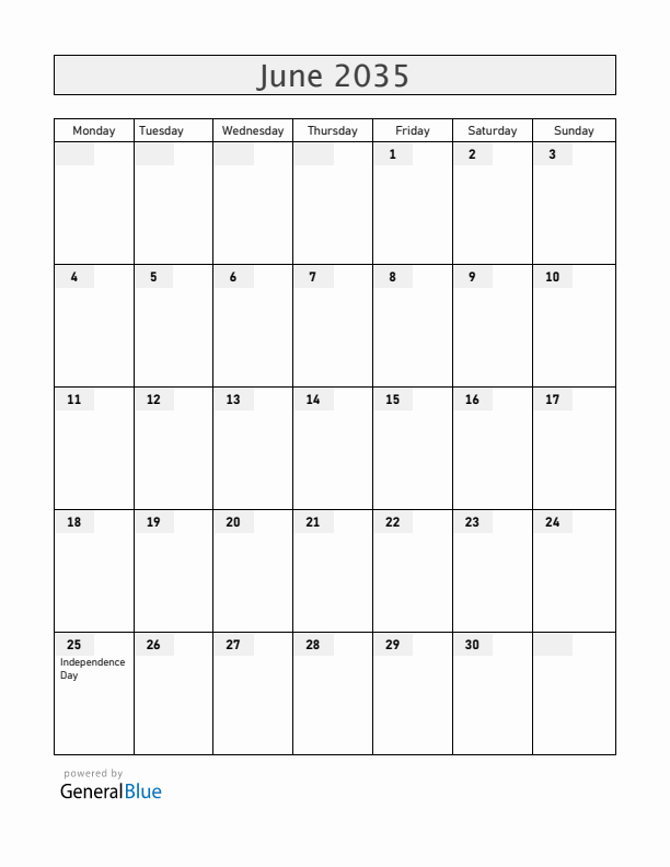 Mozambique June 2035 Calendar with Holidays