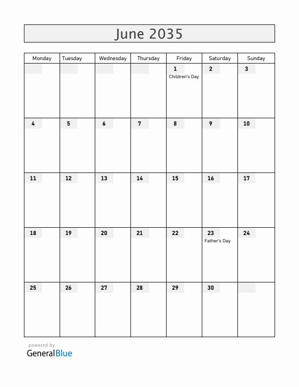 Nicaragua June 2035 Calendar with Holidays