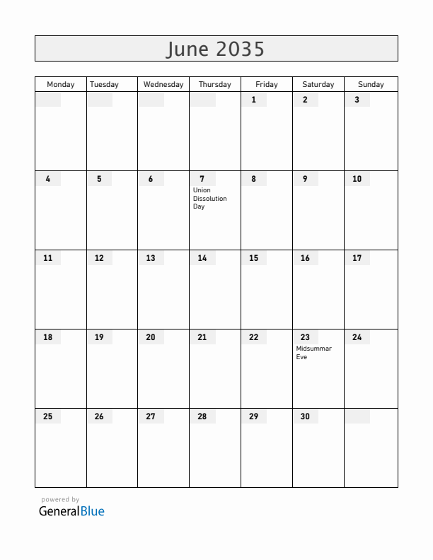 Norway June 2035 Calendar with Holidays