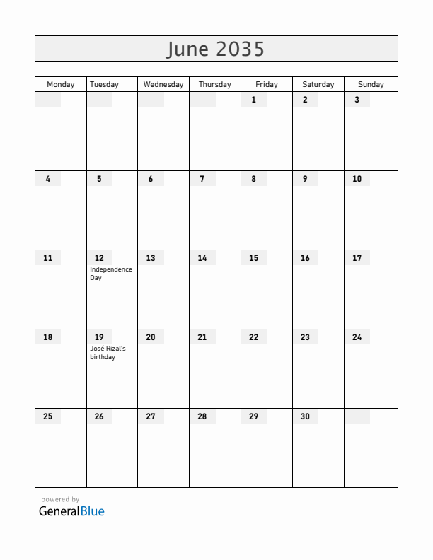 Philippines June 2035 Calendar with Holidays