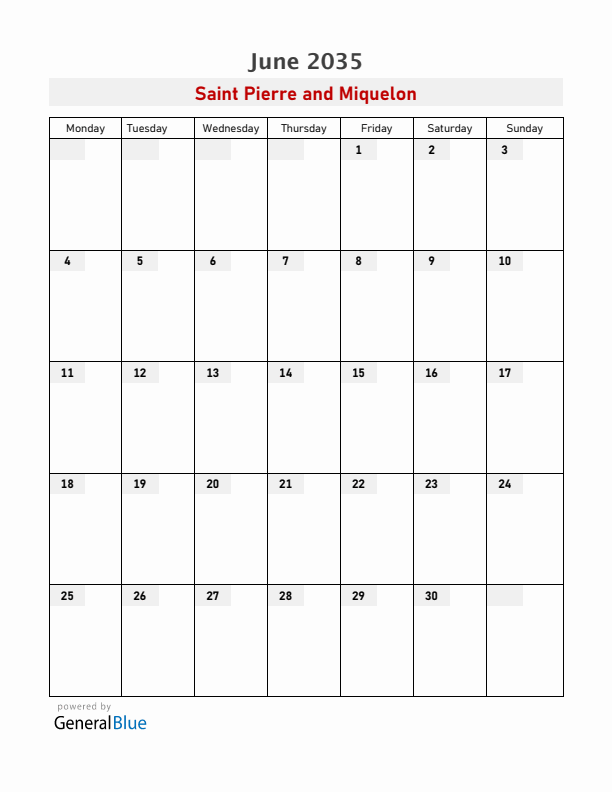Saint Pierre and Miquelon June 2035 Calendar with Holidays