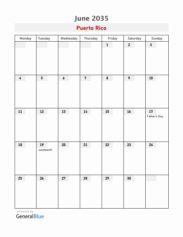 Puerto Rico June 2035 Calendar with Holidays