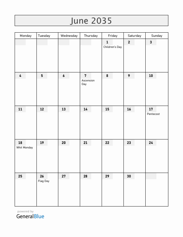 Romania June 2035 Calendar with Holidays