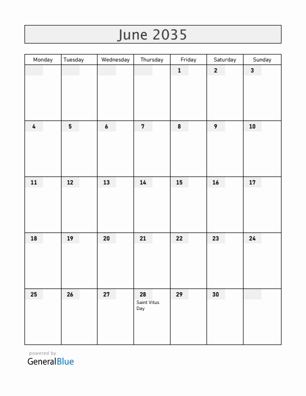 Serbia June 2035 Calendar with Holidays