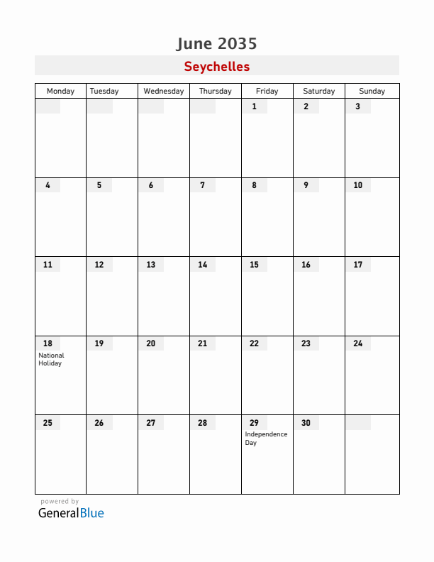 Seychelles June 2035 Calendar with Holidays