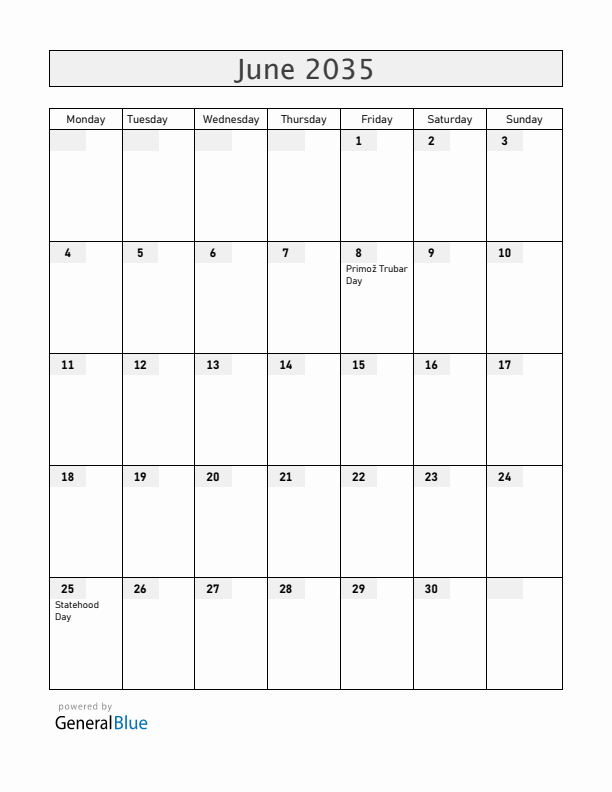 Slovenia June 2035 Calendar with Holidays