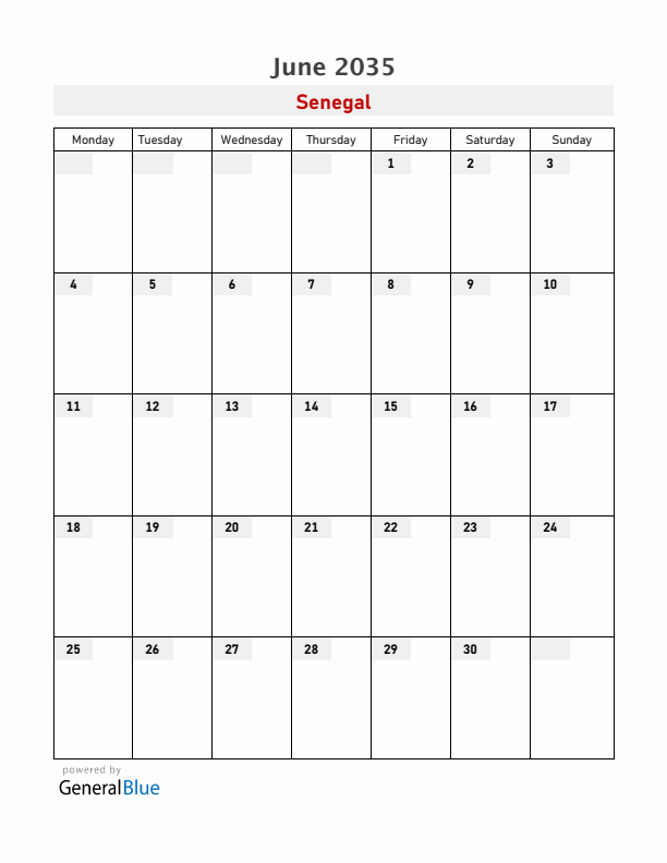 Senegal June 2035 Calendar with Holidays